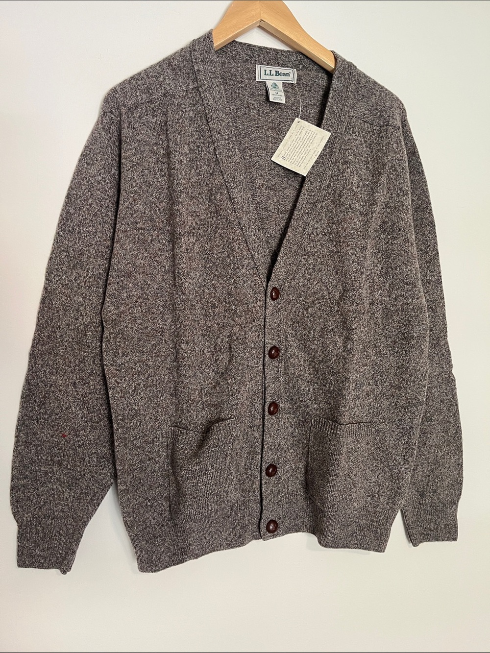 L.L. Bean Woolmark Lambs Wool Taupe Marled Cardigan Sweater Medium NWT